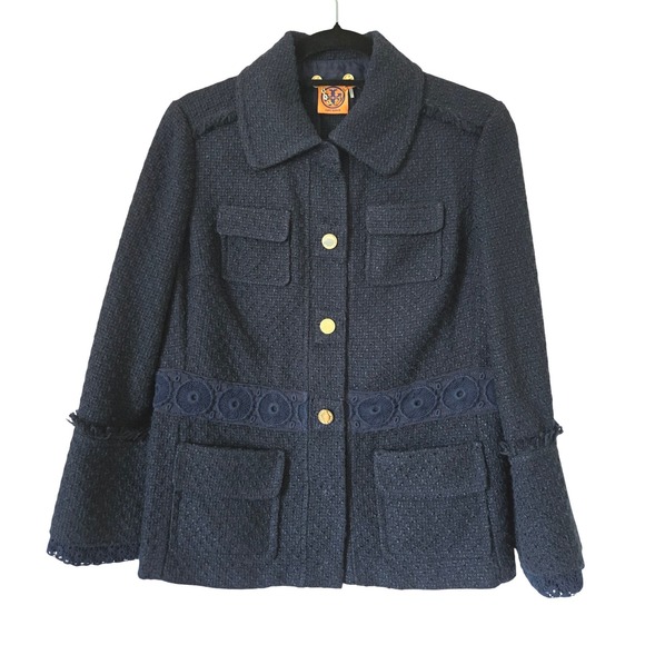 Tory Burch Jackets & Blazers - Tory Burch Navy Blue Tweed Lace Trim Jacket Gold Buttons 8 Womens Boucle Blazer